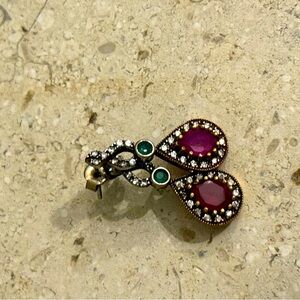 Emerald, Ruby and CZ studded Sterling Silver Teardrop Turkish Earrings